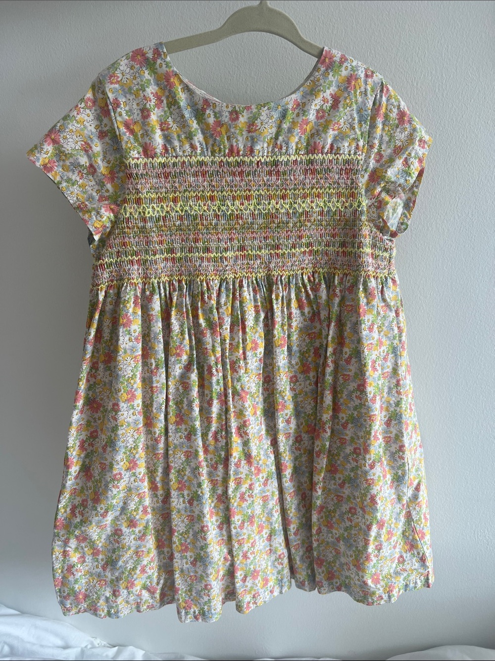 Smocked Floral Cotton Babydoll Dress - Pink, Yellow, Green